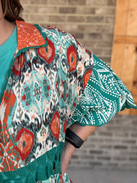 Turquoise Printed Mix Kimono w/ Tie by Oli & Hali