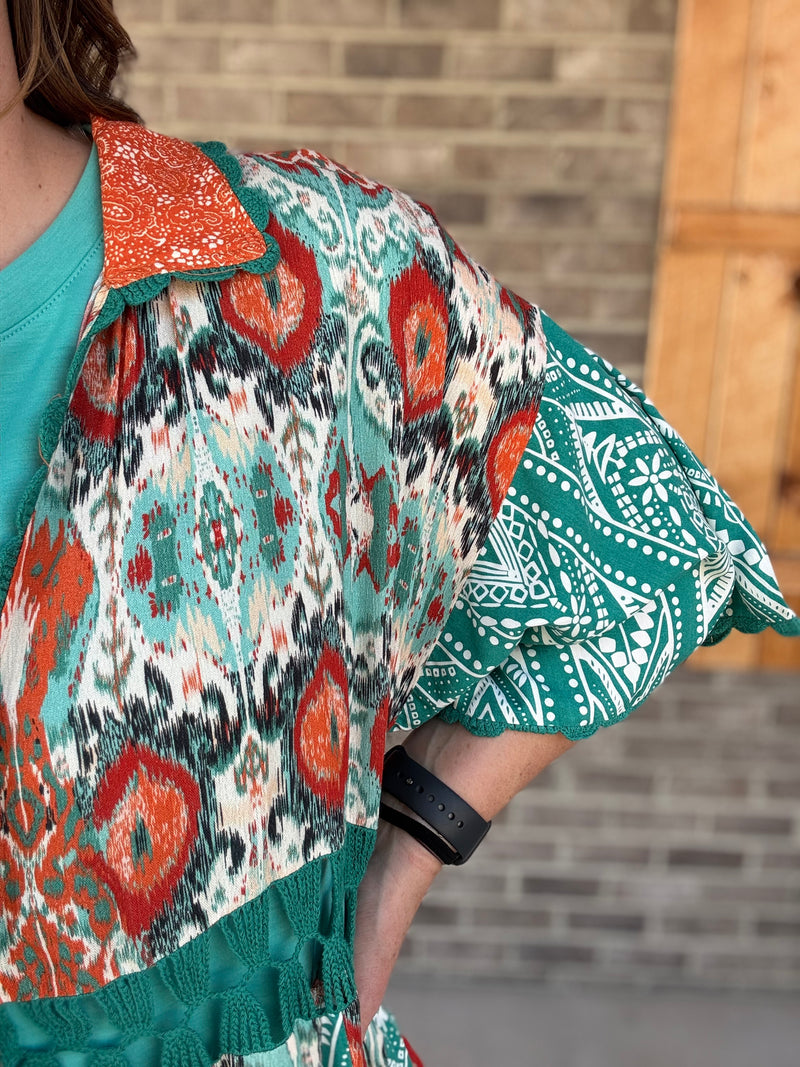 Turquoise Printed Mix Kimono w/ Tie by Oli & Hali