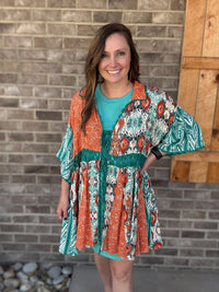 Turquoise Printed Mix Kimono w/ Tie by Oli & Hali