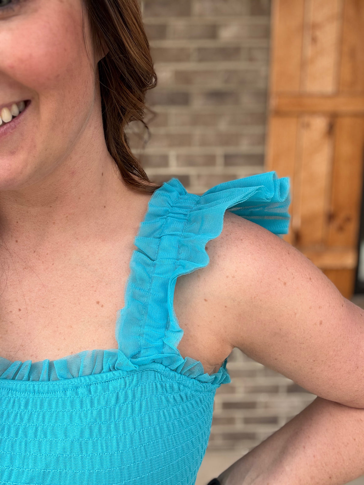 Turquoise Shirred Tank Mesh Tiered Midi Dress