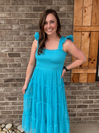 Turquoise Shirred Tank Mesh Tiered Midi Dress