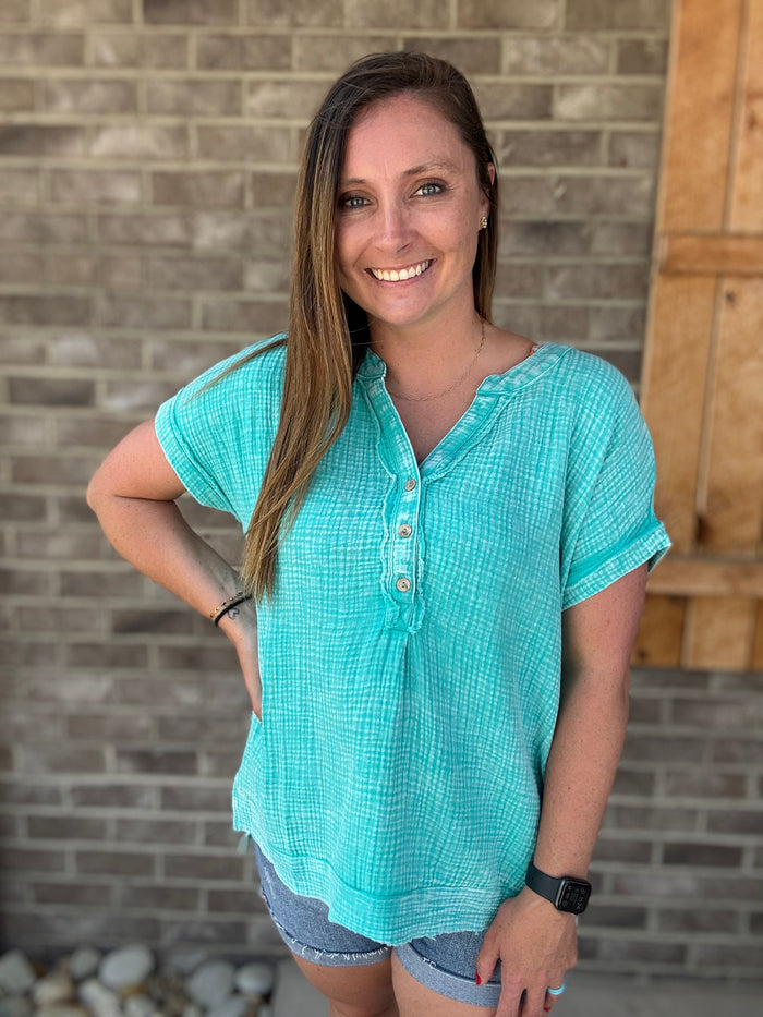 Turquoise Washed Gauze 3/4 Henley Button Down Short Sleeve Top