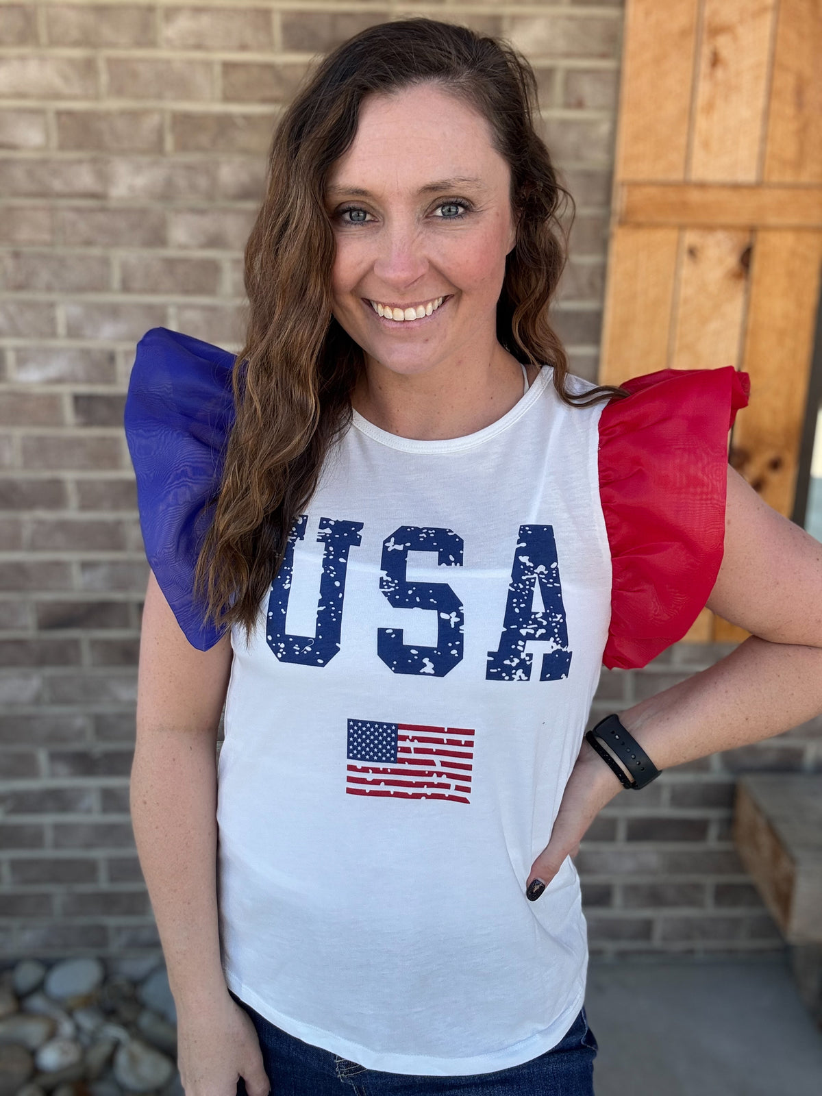 USA Color Block Ruffle Short Sleeve Top
