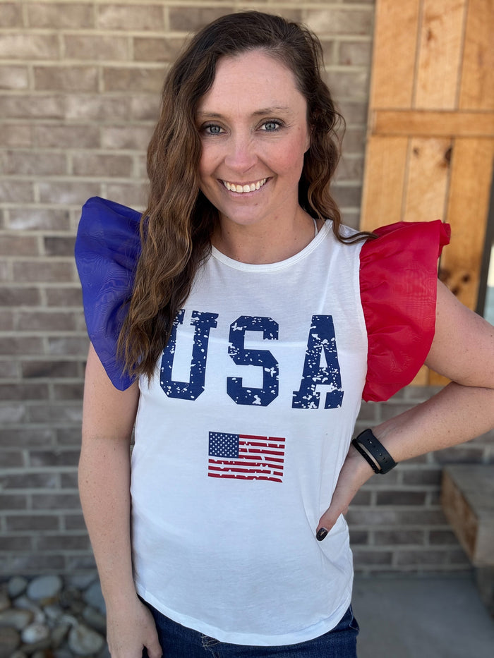 USA Color Block Ruffle Short Sleeve Top