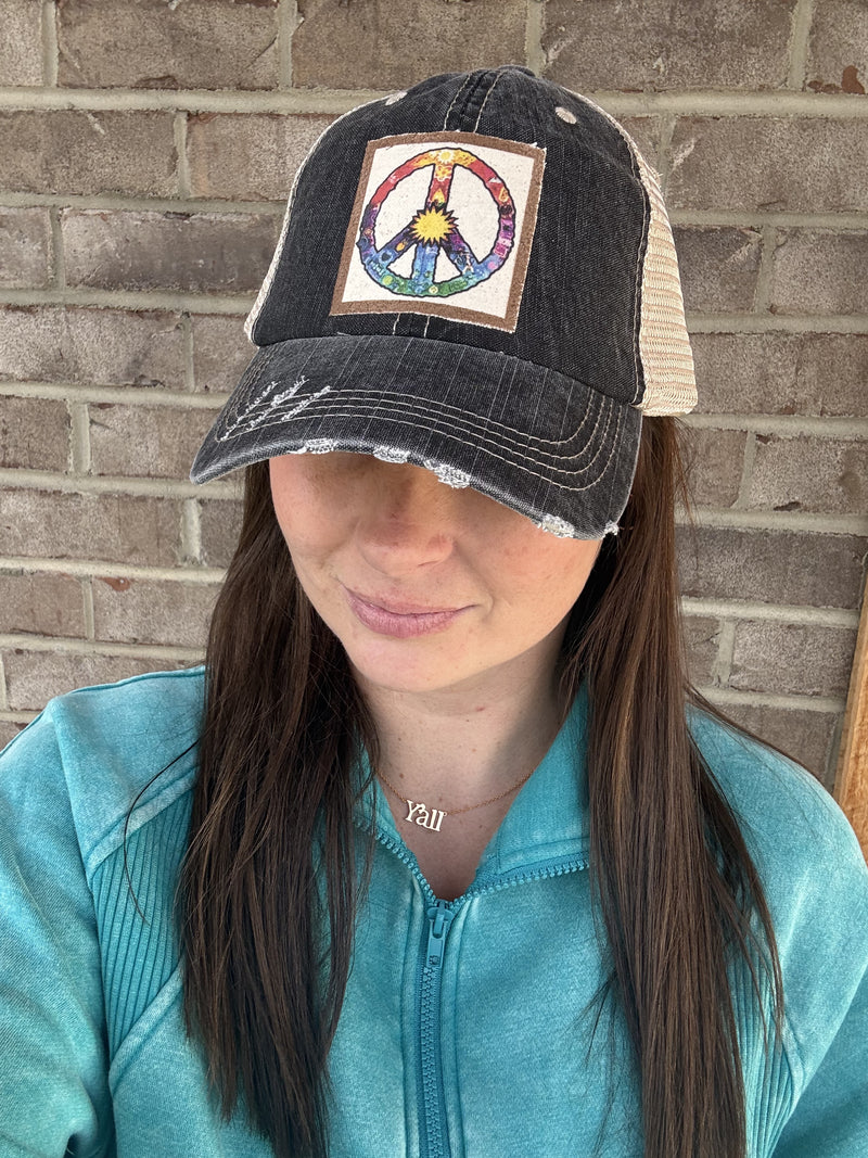3838- Charcoal Peace Sign Vintage Patch Hat