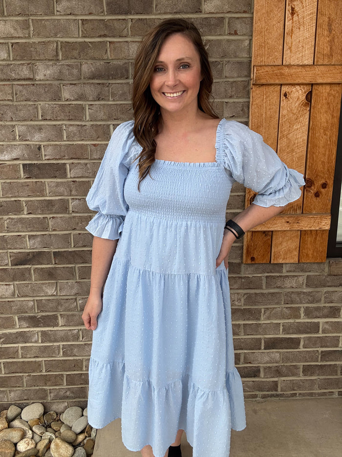 Vintage Denim Sheered Swiss Dot Tiered Dress