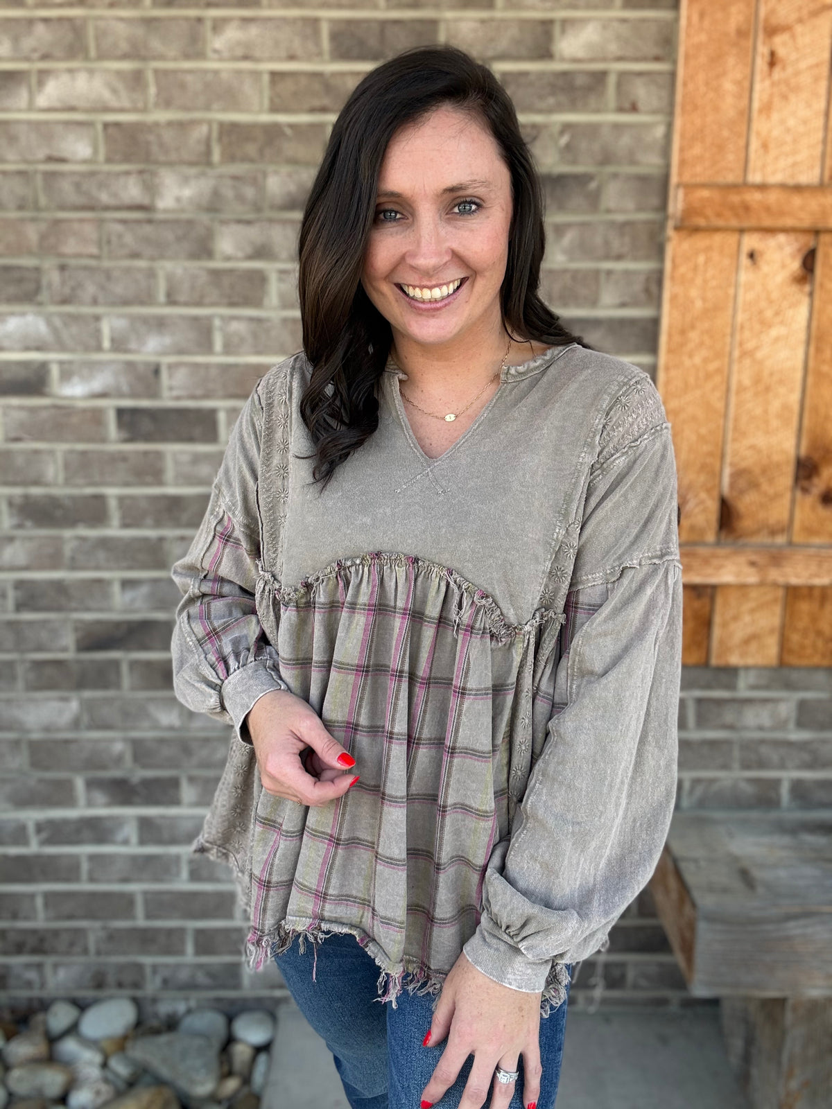 Vintage Olive Mineral Washed Flannel Eyelet Patch Babydoll Blouse by J. Her