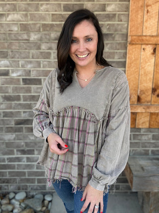 Vintage Olive Mineral Washed Flannel Eyelet Patch Babydoll Blouse by J. Her