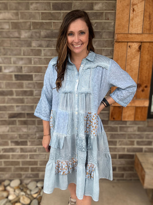 Vintage Wash Patchwork Button Down Dress w/ Pockets by Paper Lace