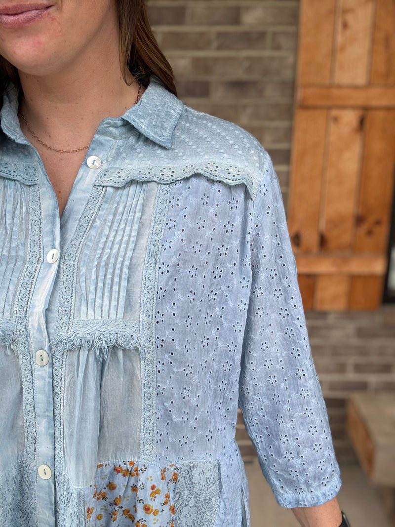 Vintage Wash Patchwork Button Down Dress w/ Pockets by Paper Lace