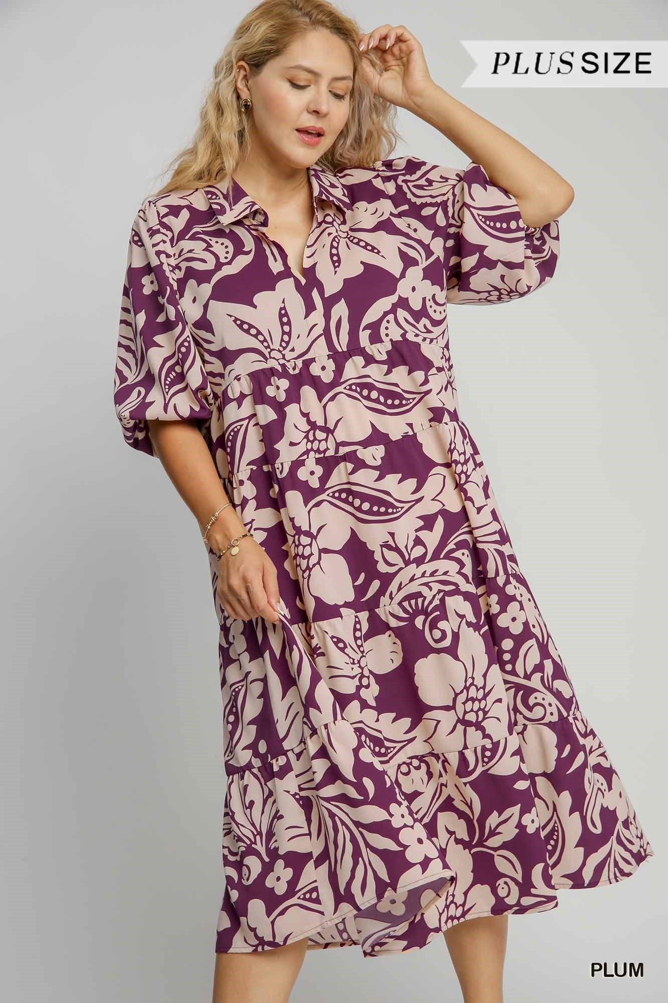 3030- Plum Two Toned Pattern Mid Calf Dress