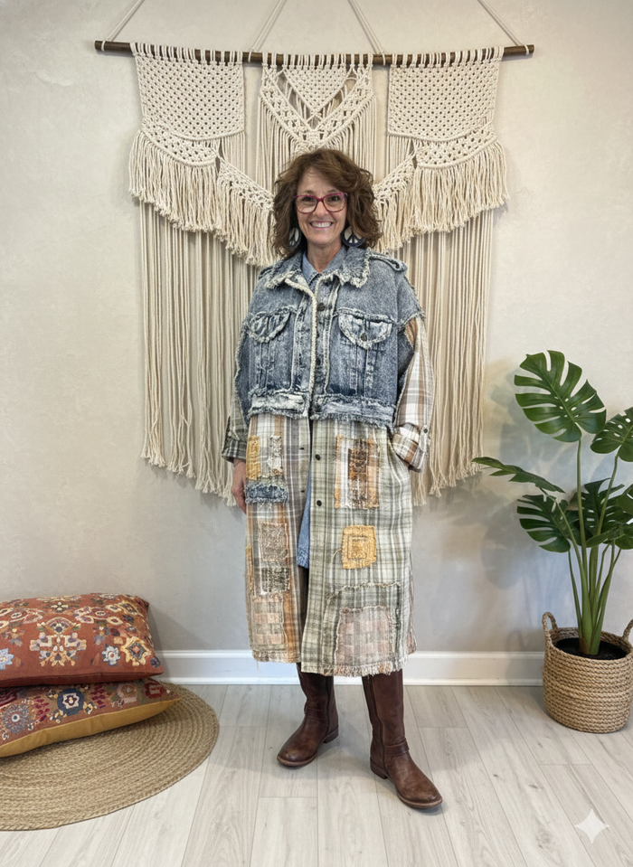 Washed Denim Plaid Long Sleeve Jacket by Oli & Hali