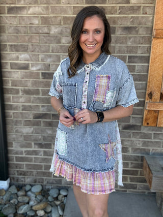 Washed Patchwork Short Sleeve Chambray Tunic by BlueVelvet