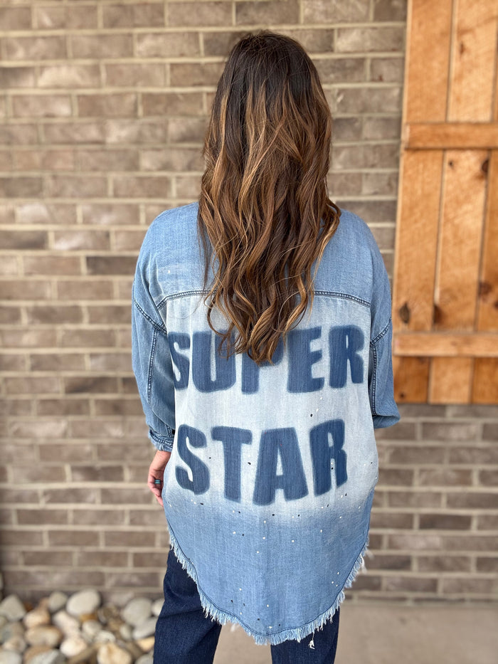 Washed “Super Star” Lettering Back Long Sleeve Shirt by Oli &Hali
