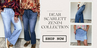 Promotional image for 'Dear Scarlett Zenim Collection' featuring people wearing jeans and a call to action to shop now.