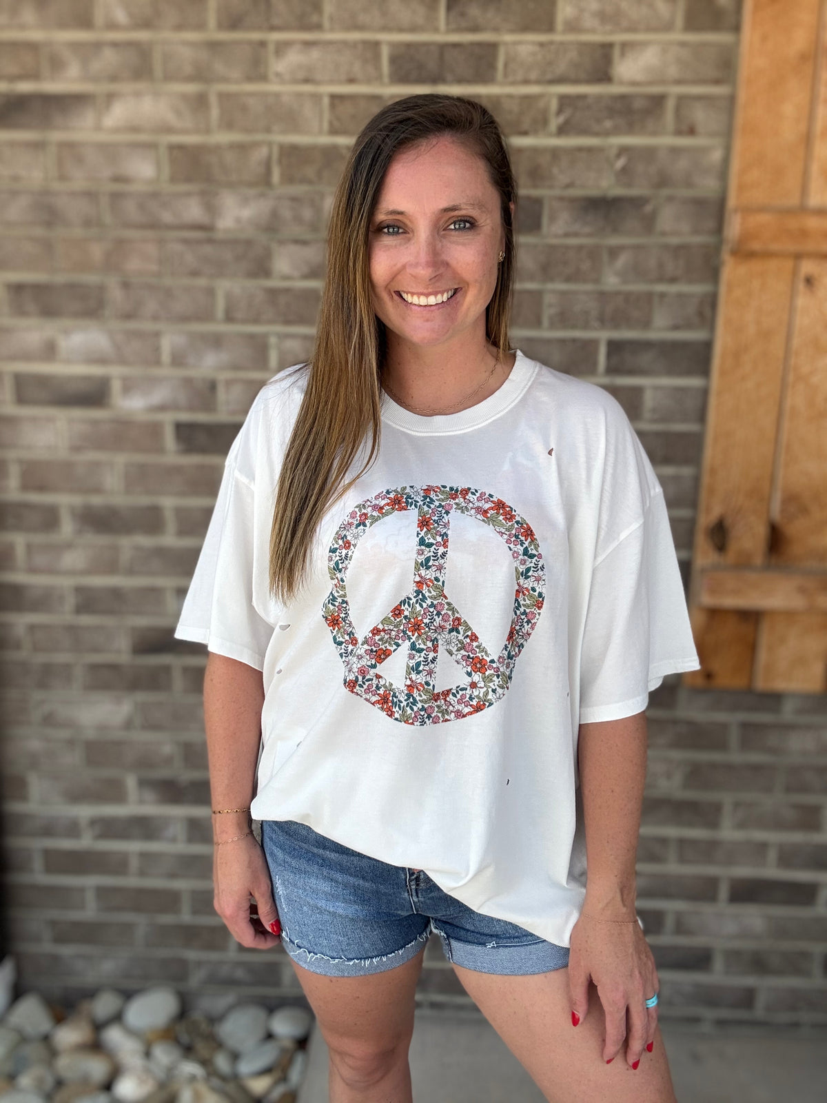 White Floral Peace Sign Pullover by Easel