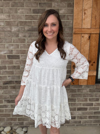 White Lace 3/4 Length Mini Dress