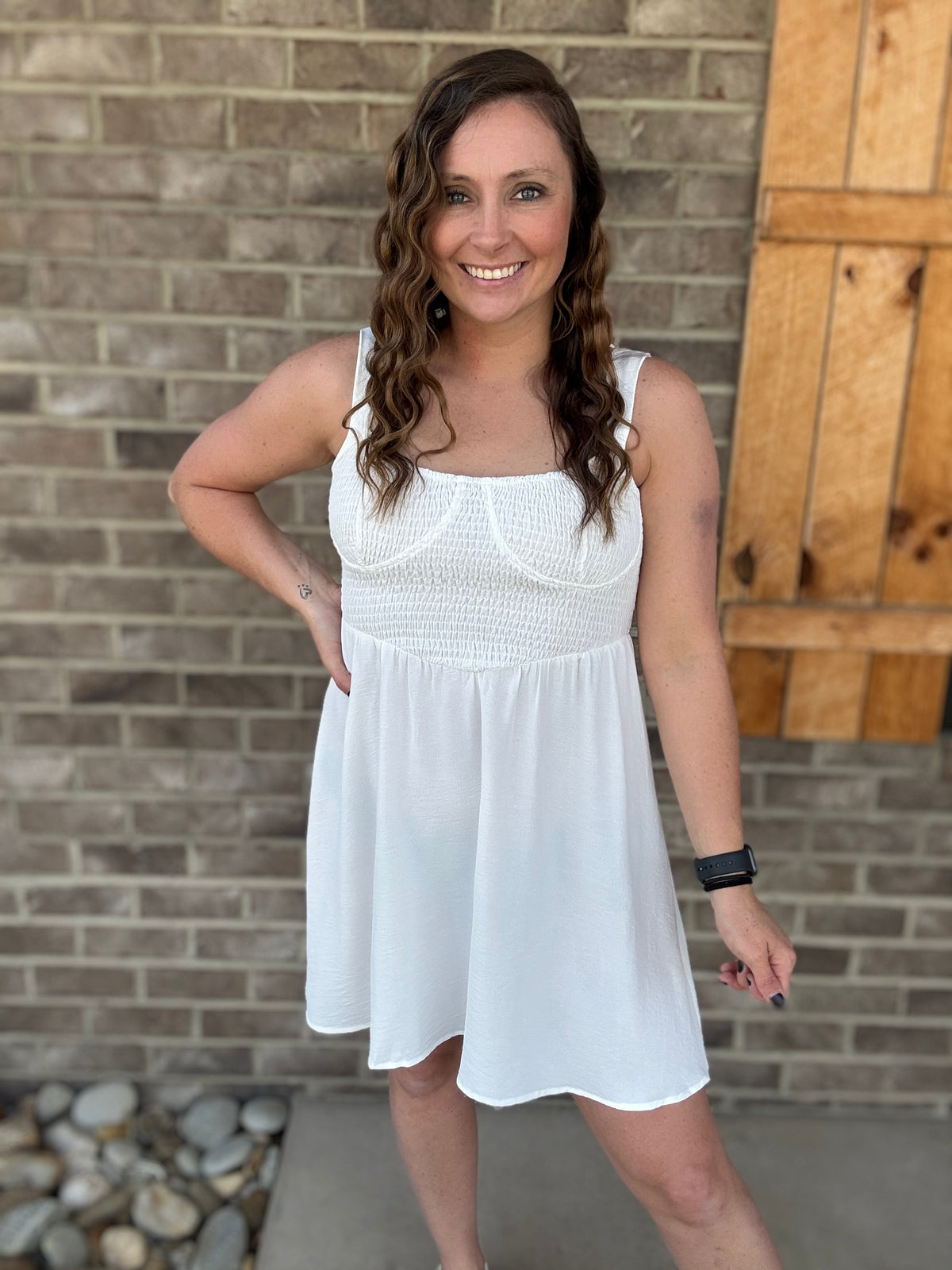 White Smocked Bra Seam Mini Dress