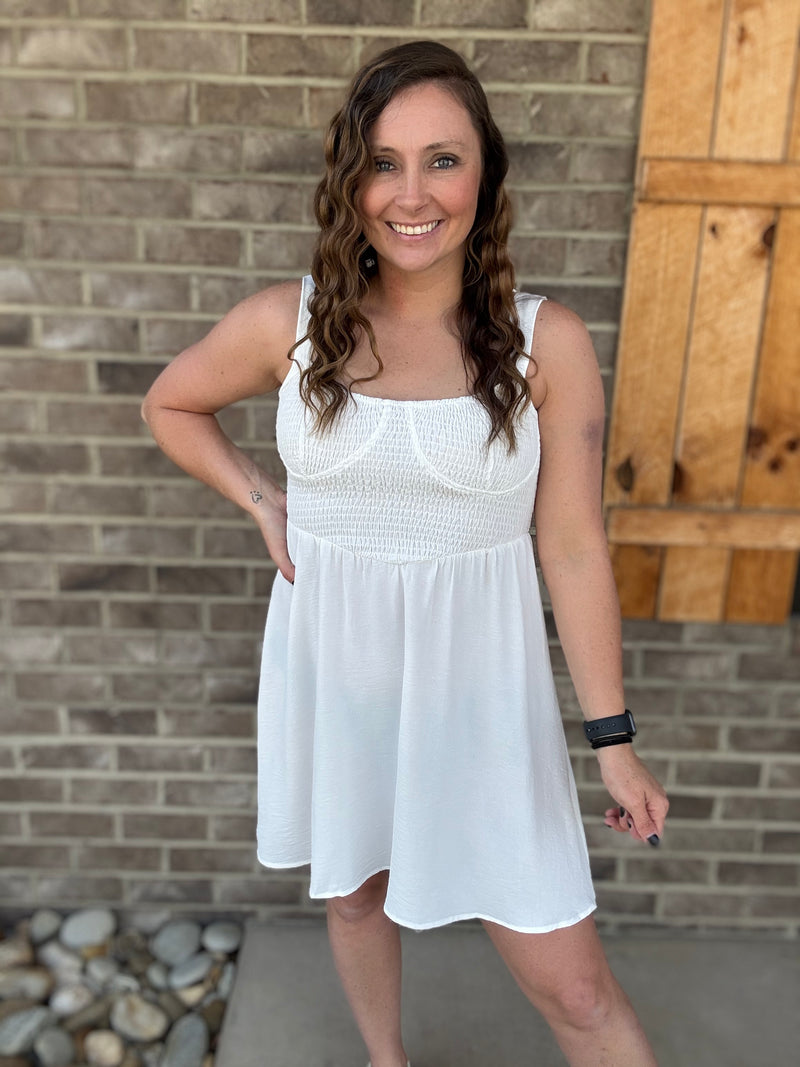 White Smocked Bra Seam Mini Dress