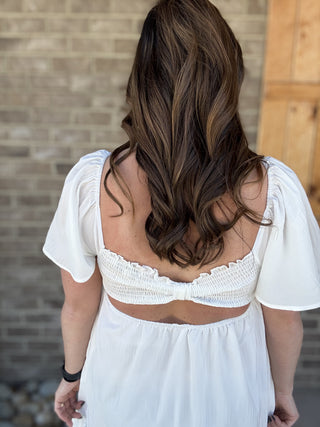 White Smocked Chest w/ Bow Tie Open Back Dress
