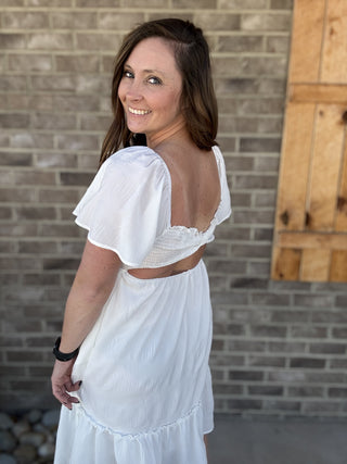 White Smocked Chest w/ Bow Tie Open Back Dress