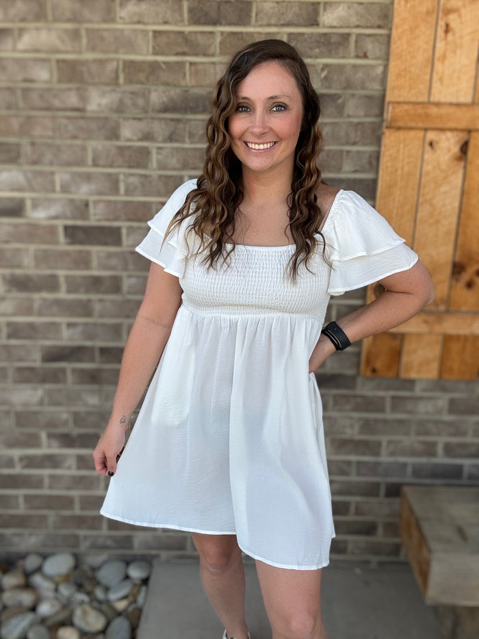 White Smocked Dress w/ Ruffle Elastic Straps