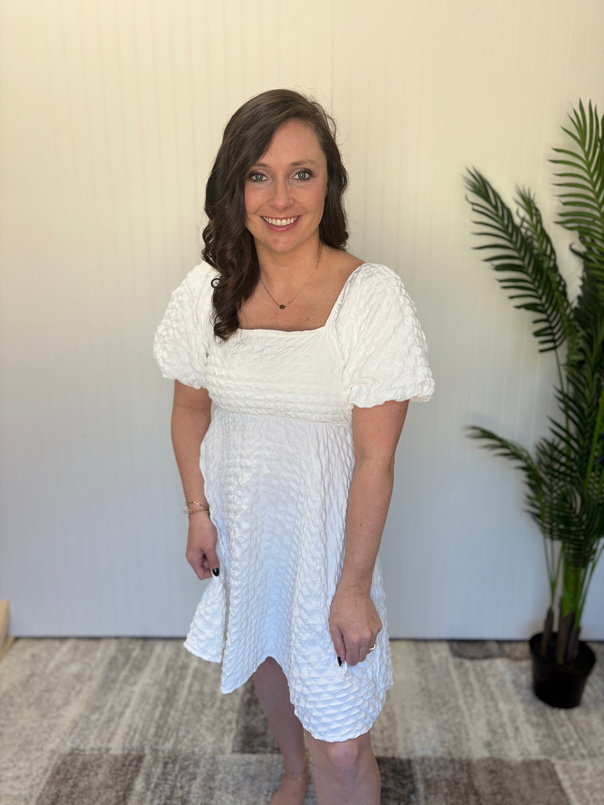 White Textured Puff Sleeve Dress by Simply Southern