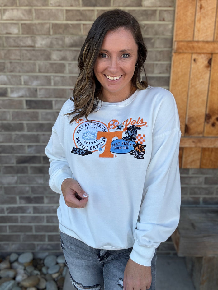 White Tennessee Layer Patch Lantern Sleeve Crew *TN COLLECTION*