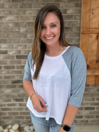 White and Light Blue Jersey 3/4 Length Sleeve Top