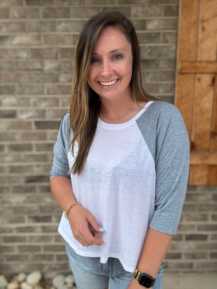 White and Light Blue Jersey 3/4 Length Sleeve Top