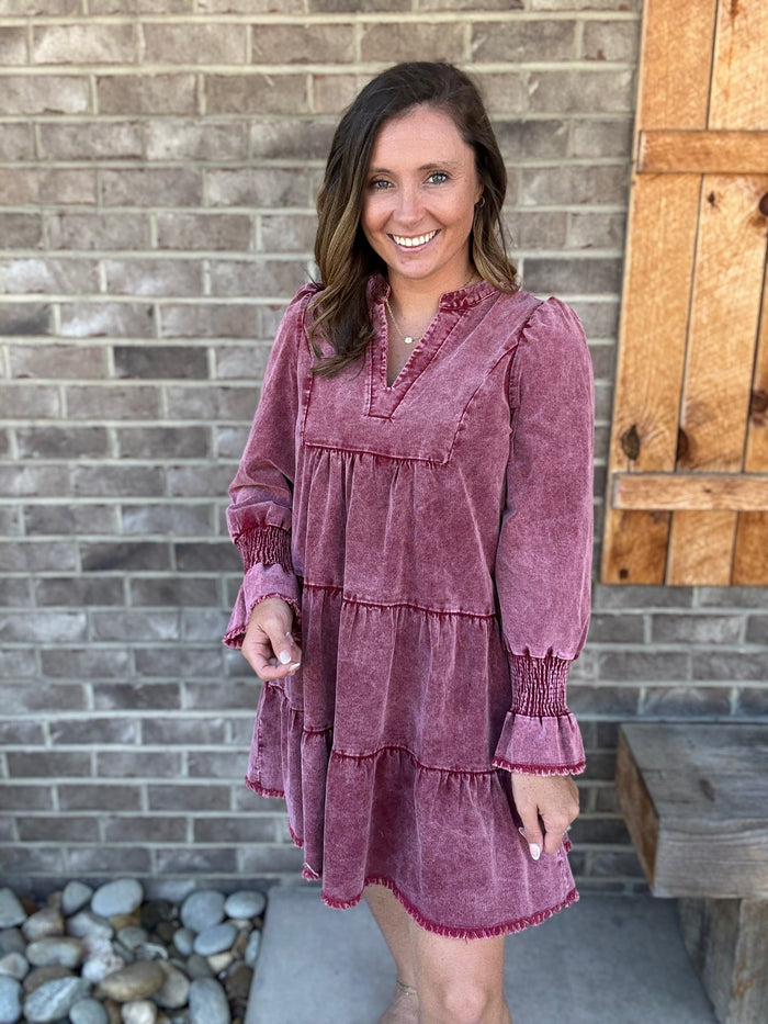 Wine Stone Washed V-Neck Dress by Umgee