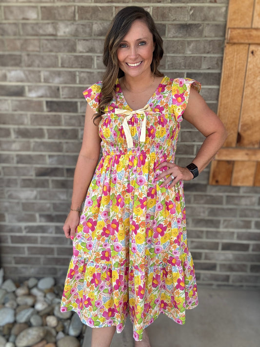 Yellow Mix Smocked Floral Midi Dress by Umgee