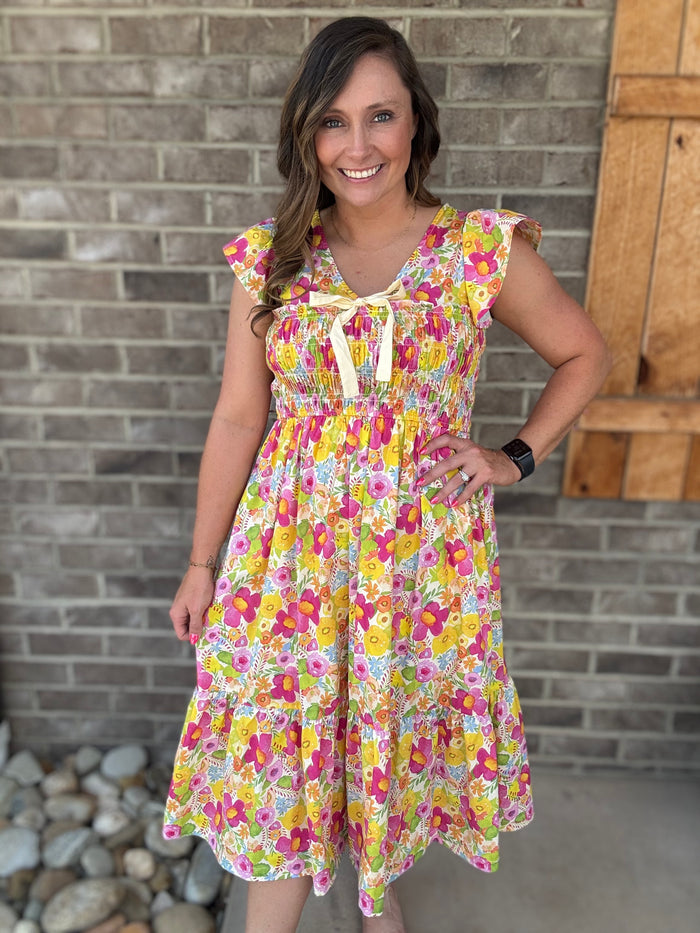 Yellow Mix Smocked Floral Midi Dress by Umgee