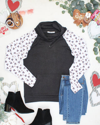 PREBOOK Classic Zoey ZipCowl Sweatshirt - Monochrome Hearts and Charcoal