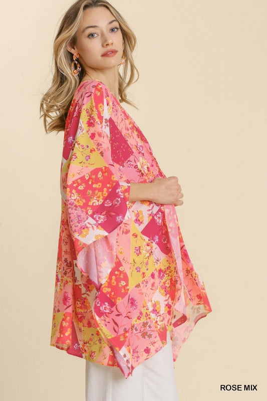 8274- Rose Mix Floral Print Kimono w/ Side Slits [UMGEE]