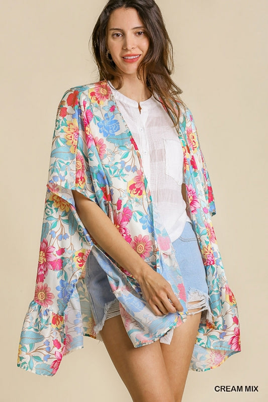 9030- Cream Mix Floral Print Ruffle Sleeve Kimono [UMGEE]