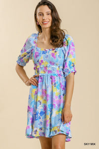 8275- Sky Mix Floral Smocked Square Neck Dress [UMGEE]