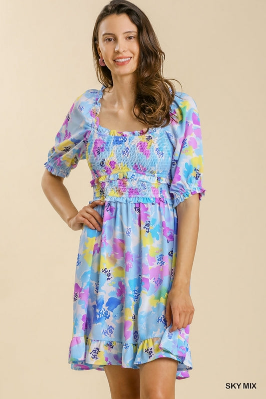 8275- Sky Mix Floral Smocked Square Neck Dress [UMGEE]