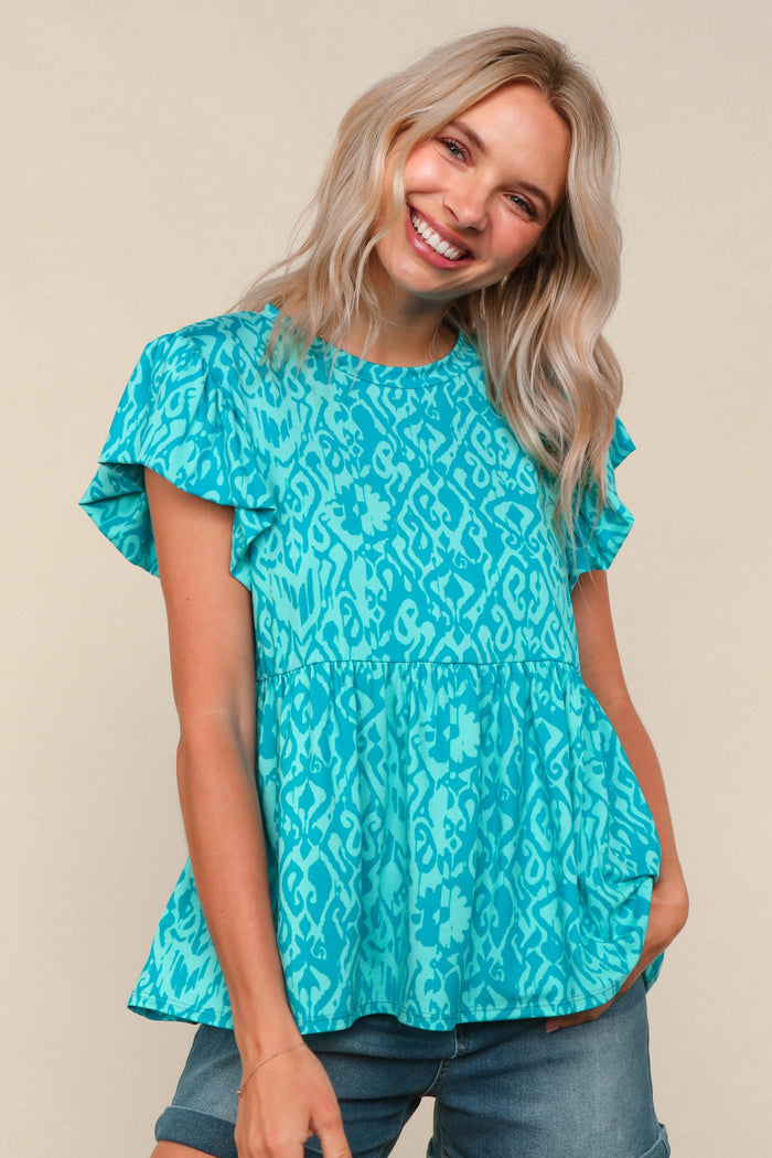 Turquoise Ikat Print Babydoll Knit Top