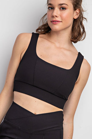 Black Nylon Rib Square Neck Sports Bra by Rae Mode