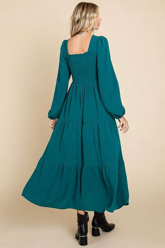 464- Hunter Green Tier Square Smock Neck Dress