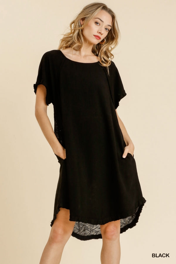 9032- Black Linen High Low Dress w/ Lace Back [UMGEE]