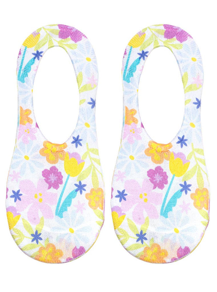 No-Show Liner Socks - Spring Flowers in Bloom - White