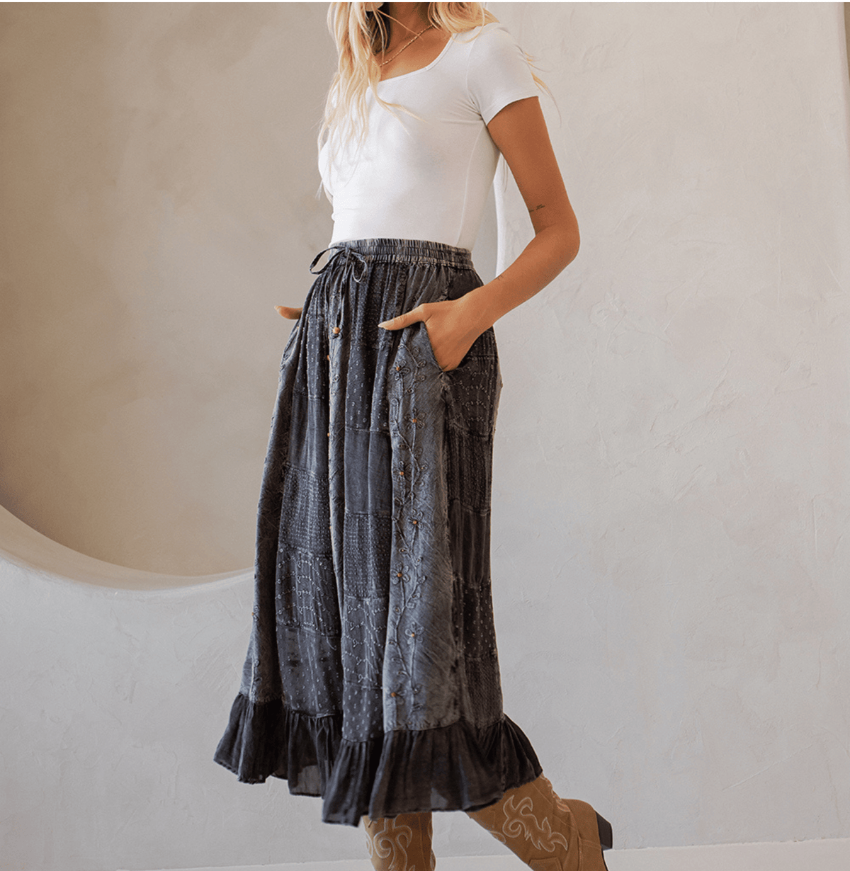 3832- Women Patchwork Embroidered Maxi Skirt With Side Pockets: CHARCOAL TRIM