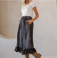 3832- Women Patchwork Embroidered Maxi Skirt With Side Pockets: CHARCOAL TRIM