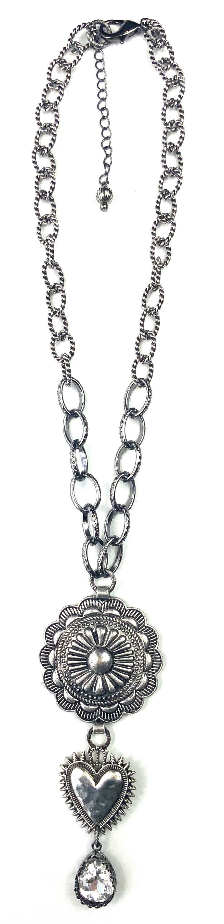 NV257 NK-Mixed Chains w/Concho & Sacred Heart Pendant Drop