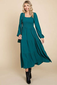 464- Hunter Green Tier Square Smock Neck Dress