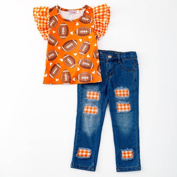 2617- Gingham Football Girls Set - Orange