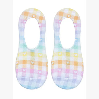 No-Show Liner Socks - Rainbow Plaid w/ White Hearts