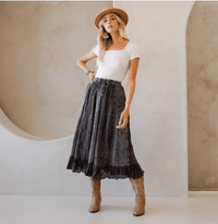 3832- Women Patchwork Embroidered Maxi Skirt With Side Pockets: CHARCOAL TRIM